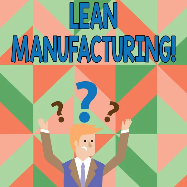 Segno di testo che mostra Lean Manufacturing. Focus fotografico concettuale sulla minimizzazione degli sprechi all'interno dei sistemi di analisi Confuso imprenditore sollevare entrambe le braccia con i punti interrogativi sopra la testa . — Foto Stock