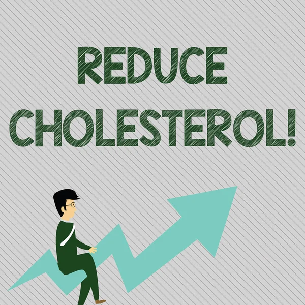 Text sign showing Reduce Cholesterol. Conceptual photo lessen the intake of saturated fats in the diet Businessman with Eyeglasses Riding Crooked Color Arrow Pointing Going Up.