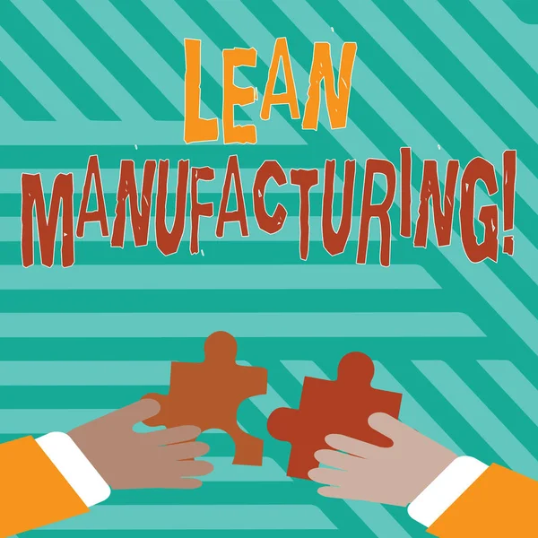 Scrittura concettuale a mano che mostra Lean Manufacturing. Business photo text focus sulla minimizzazione degli sprechi all'interno dei sistemi di analisi Hands Holding Jigsaw Puzzle Pieces about Interlock the Tiles . — Foto Stock