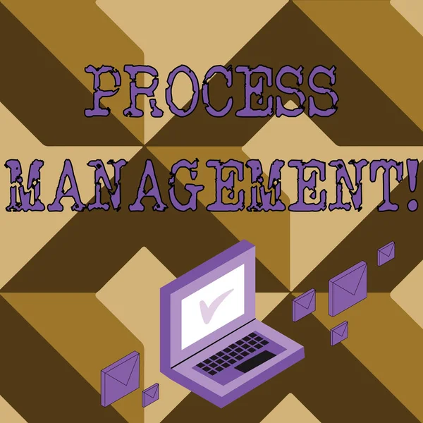 Conceptual hand writing showing Process Management. Business photo text aligning processes with an organization s is strategic goals Mail Envelopes around Laptop with Check Mark icon on Monitor.