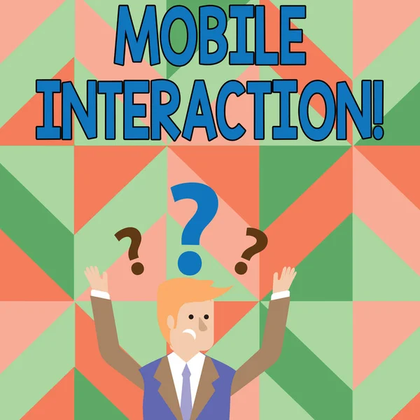 Text sign showing Mobile Interaction. Conceptual photo the interaction between mobile users and computers Confused Businessman Raising Both Arms with Question Marks Above his Head. — Stock Photo, Image