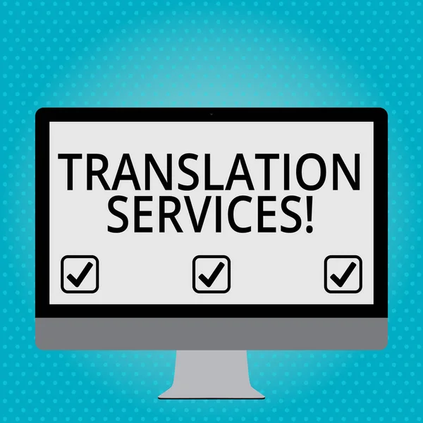 Χειρόγραφο κείμενο μεταφραστικών υπηρεσιών. Έννοια που σημαίνει οργάνωση που παρέχει εμφάνιση για τη μετάφραση ομιλίας κενός λευκός υπολογιστής Monitor ευρείας οθόνης τοποθετημένη σε μια βάση για τεχνολογία. — Φωτογραφία Αρχείου