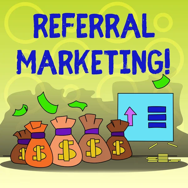 Writing note showing Referral Marketing. Business photo showcasing the process of leveraging partners and customers Bag with Dollar Currency Sign and Arrow with Blank Banknote. — Stok fotoğraf