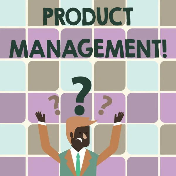 Writing note showing Product Management. Business photo showcasing organisational lifecycle function within a company Businessman Raising Both Arms with Question Marks Above Head. — Stok fotoğraf