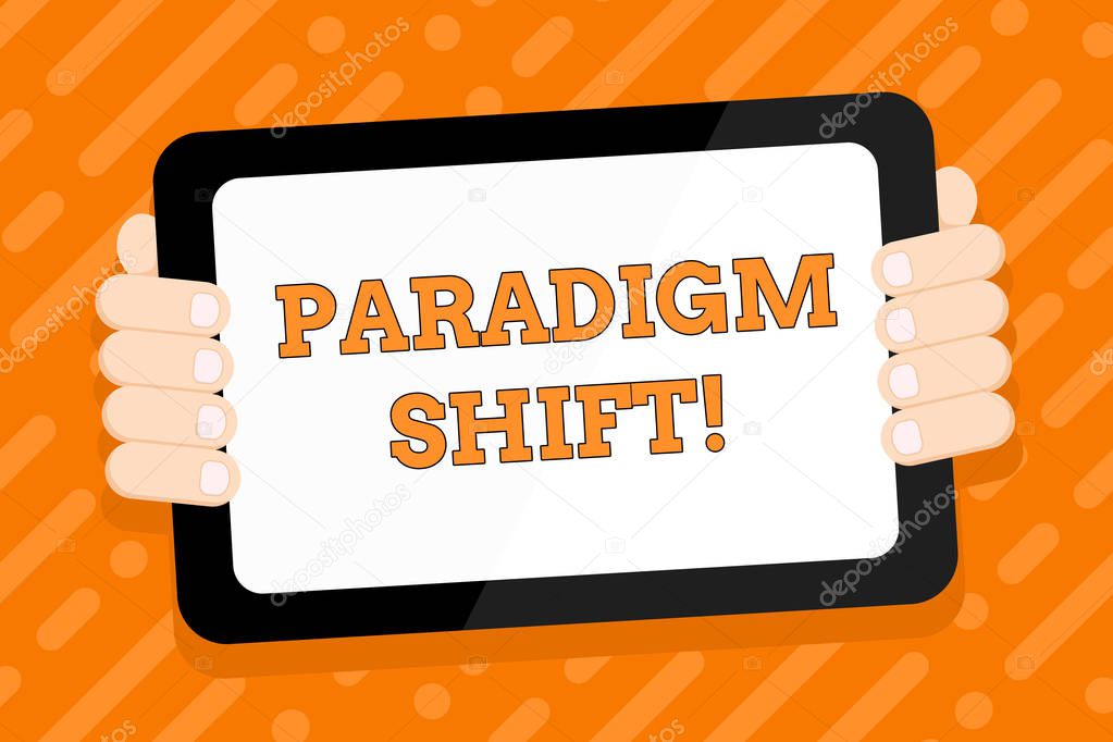 Conceptual hand writing showing Paradigm Shift. Business photo text fundamental change in approach or underlying assumptions Color Tablet Smartphone with Screen Handheld Back of Gadget.