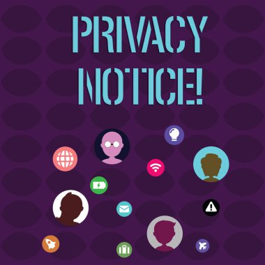 Gizlilik Bildirimi yazma el yazısı metin. Kavram anlamı, Bir Müşteri veya Müşteri Ağ Teknik Simgeleri'ni Bağlantı Açmak için Ekrana Dağılmış Sohbet Başlıklarıyla korumak için yasal bir gerekliliği yerine getirir.