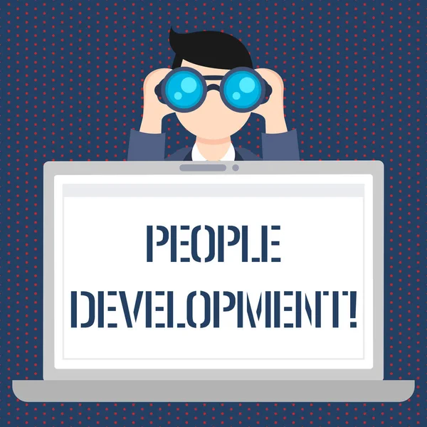 Handwriting text People Development. Concept meaning Encouraging employees to acquire new or advanced skills Man Holding and Looking into Binocular Behind Open Blank Space Laptop Screen. — Stock Photo, Image