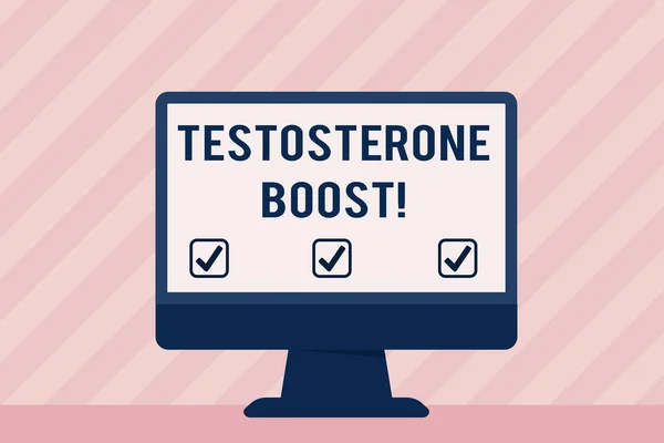 Tekst pisma ręcznego zastrzyk testosteronu. Pojęcie znaczenie wzrost pierwotnego męskiego hormonu płciowego i steryd anaboliczny puste miejsce Desktop Computer kolorowy monitor ekran wolnostojący na stole. — Zdjęcie stockowe