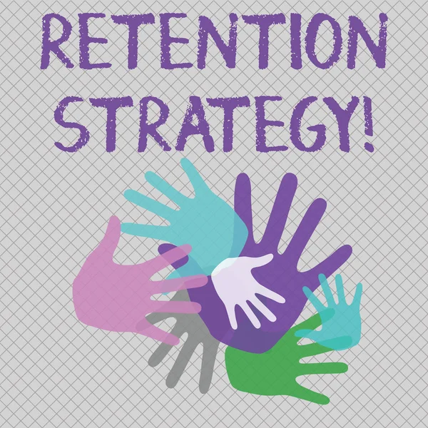 Word writing text Retention Strategy. Business concept for activities to reduce employee turnover and attrition Color Hand Marks of Different Sizes Overlapping for Teamwork and Creativity. — ストック写真