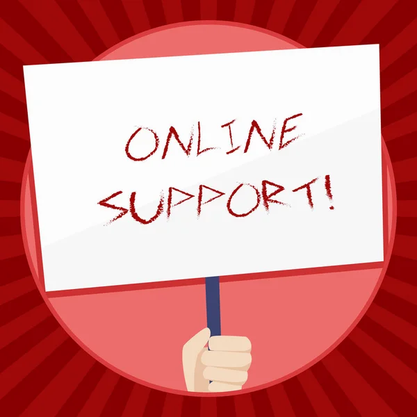 Handwriting text Online Support. Concept meaning electronic usually webbased version of customer service Hand Holding Blank White Placard Supported by Handle for Social Awareness. — Stock Photo, Image