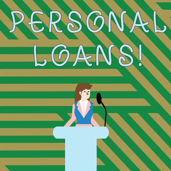 Text sign showing Personal Loans. Conceptual photo unsecured loan and helps you meet your financial needs Businesswoman Standing Behind Podium Rostrum Speaking on Wireless Microphone. — Stock Photo, Image