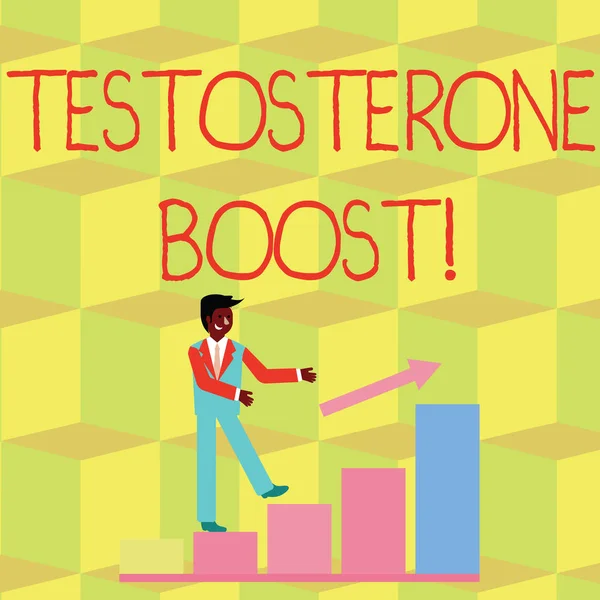 Handwriting text Testosterone Boost. Concept meaning rise of primary male sex hormone and an anabolic steroid Smiling Businessman Climbing Colorful Bar Chart Following an Arrow Going Up.