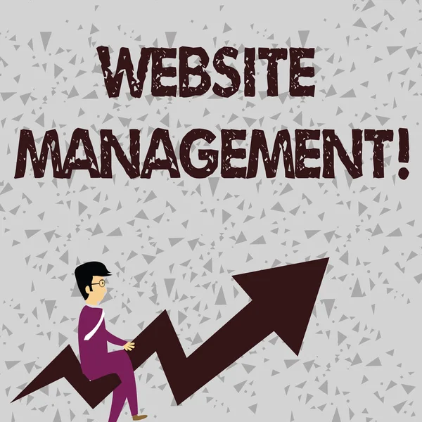 Word writing text Website Management. Business concept for control of the hardware and software used in a website Businessman with Eyeglasses Riding Crooked Color Arrow Pointing Going Up.