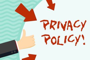 Gizlilik Politikası yazma metin el yazısı. Kavram anlamı deyimi veya müşteri verilerini ifşa eden yasal bir belge El Gesturing Thumbs Up ve Oklar ile Boş Alan Yuvarlak Şekil üzerinde tutma.