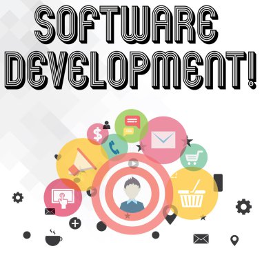 Yazılım Geliştirme yazma el yazısı metin. Kavram anlamı yazılım E-ticaret için Dijital Pazarlama Kampanya Simgeleri ve Elemanları belirli bir programlama fotoğrafı kullanılarak oluşturulur.