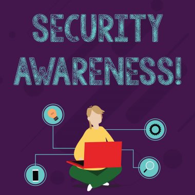 Güvenlik Bilinci 'ni gösteren bir not yazıyorum. Çalışanları eğiten bir iş fotoğrafı. Bilgisayar güvenliği hakkında. Dizüstü bilgisayarını karıştıran çapraz bacaklı kadın hakkında..