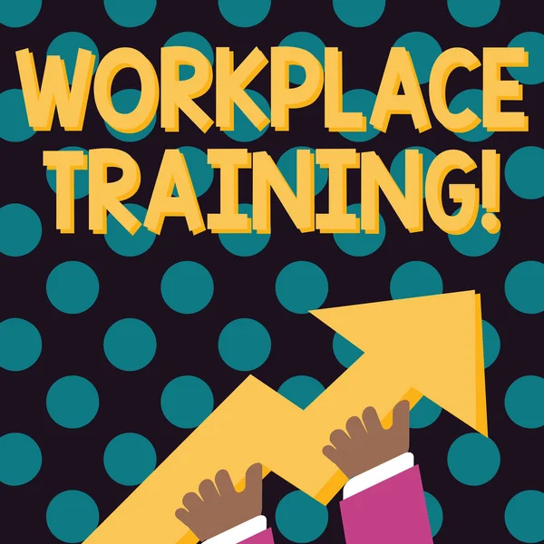 Word writing text Workplace Training. Business concept for the acquisition of knowledge or skills at workplace photo of Hand Holding Colorful Huge 3D Arrow Pointing and Going Up.