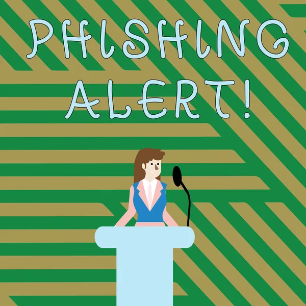 Textzeichen mit Phishing-Alarm. konzeptionelles Foto Vorsicht vor betrügerischen Versuchen, subtile Fakten zu erhalten Geschäftsfrau, die hinter dem Podium steht und am drahtlosen Mikrofon spricht. — Stockfoto