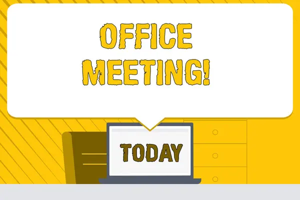 Word writing text Office Meeting. Business concept for Colleagues come together to discuss issues or things Blank Huge Speech Bubble Pointing to White Laptop Screen in Workspace Idea. — 스톡 사진