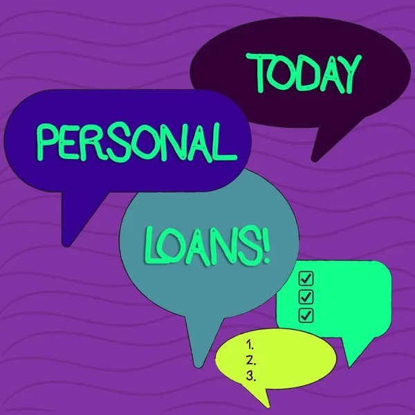 Εννοιολογική γραφή στο χέρι που δείχνει προσωπικά δάνεια. Μη εγγυημένο δάνειο από κείμενο επαγγελματικής φωτογραφίας και σας βοηθά να γνωρίσετε τις οικονομικές σας ανάγκες φούσκα ομιλίας σε διαφορετικά μεγέθη και σκίαση ομάδα συζήτηση. — Φωτογραφία Αρχείου