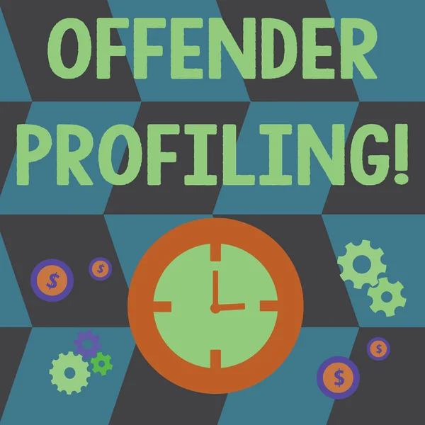 Scrittura di testi Word Offender Profiling. Business concept per lo sviluppo di profili per i trasgressori che non hanno ancora arrestato le icone di gestione del tempo di orologio, ingranaggi ruota dentata e Dollaro Segno di valuta . — Foto Stock