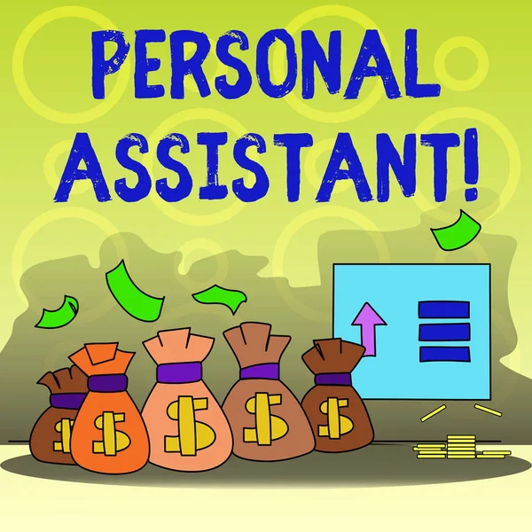 Writing note showing Personal Assistant. Business photo showcasing administrative assistant working exclusively for a demonstrating Bag with Dollar Currency Sign and Arrow with Blank Banknote. — ストック写真