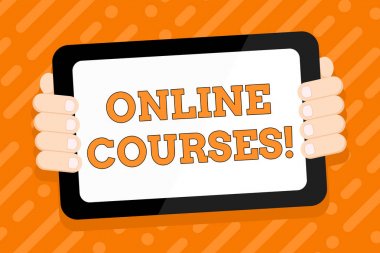 Çevrimiçi kursları gösteren kavramsal el yazısı. İş fotoğrafı kursları, bir web tarayıcı Renk Tableti Smartphone 'una Gadget' ın Elde Tutulan Sırtı ile bir dizi ders sunar.