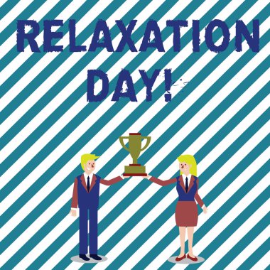 El yazısı metin yazma Gevşeme Günü. Konsept, sizi sakin ve daha az endişeli yapan hoş aktivite anlamına gelir İş Elbisesi Erkek ve Kadın Birlikte Şampiyonluk Kupası Holding.