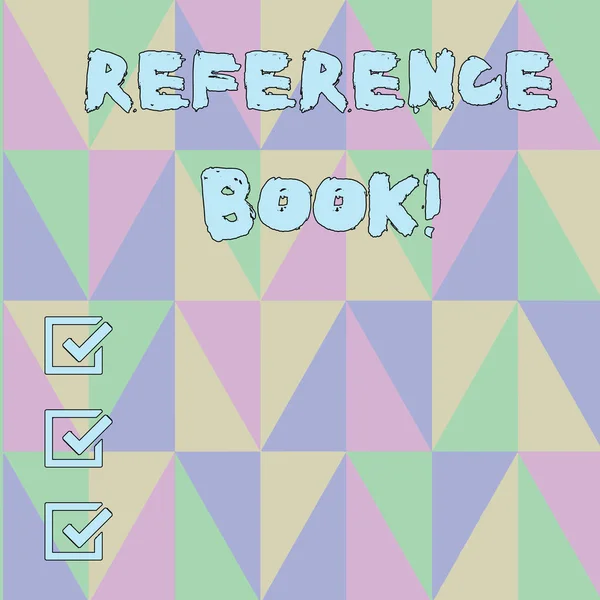 Handwriting text Reference Book. Concept meaning book to be consulted for information on specific matters Obtuse Triangle Shape Forming Blurry Mosaic and Stained Glass Pattern Style.