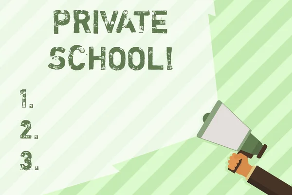 Word writing text Private School. Business concept for an independent school supported wholly by the payment of fees Hand Holding Megaphone with Blank Wide Beam for Extending the Volume Range.