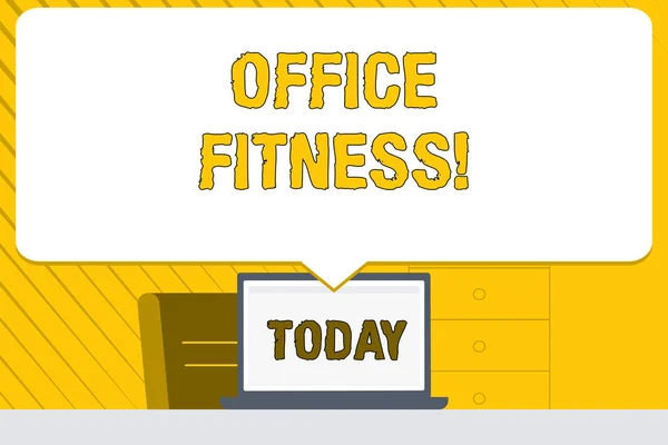 Word writing text Office Fitness. Business concept for Encouraging fitness and balance lifestyle in the workplace Blank Huge Speech Bubble Pointing to White Laptop Screen in Workspace Idea.