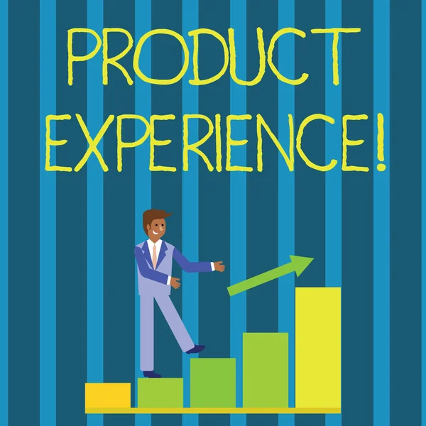 Writing note showing Product Experience. Business photo showcasing overall value of a product or service to customers Smiling Businessman Climbing Bar Chart Following an Arrow Up.