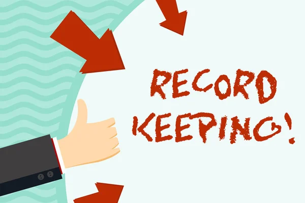 Handwriting text writing Record Keeping. Concept meaning The activity or occupation of keeping records or accounts Hand Gesturing Thumbs Up and Holding on Blank Space Round Shape with Arrows.