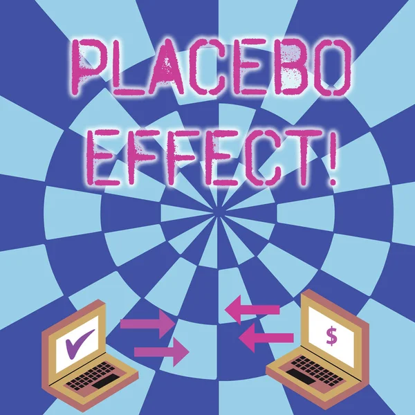 Conceptuele hand schrijven met placebo-effect. Zakelijke foto tekst een gunstig effect geproduceerd door een placebo drug of behandeling pijlpictogrammen tussen twee laptop valuta ondertekenen en controleren pictogrammen. — Stockfoto