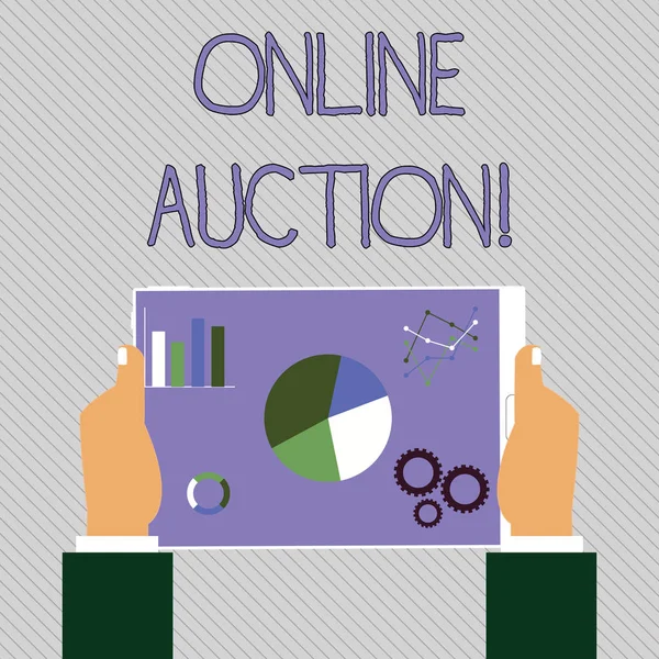 Text sign showing Online Auction. Conceptual photo process of buying and selling goods or services online Hands Holding Tablet with Search Engine Optimization Driver Icons on Screen. — Stockfoto