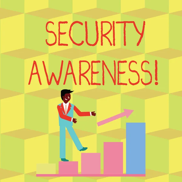 Handwriting text Security Awareness. Concept meaning educating employees about the computer security Smiling Businessman Climbing Colorful Bar Chart Following an Arrow Going Up. — Stock Photo, Image