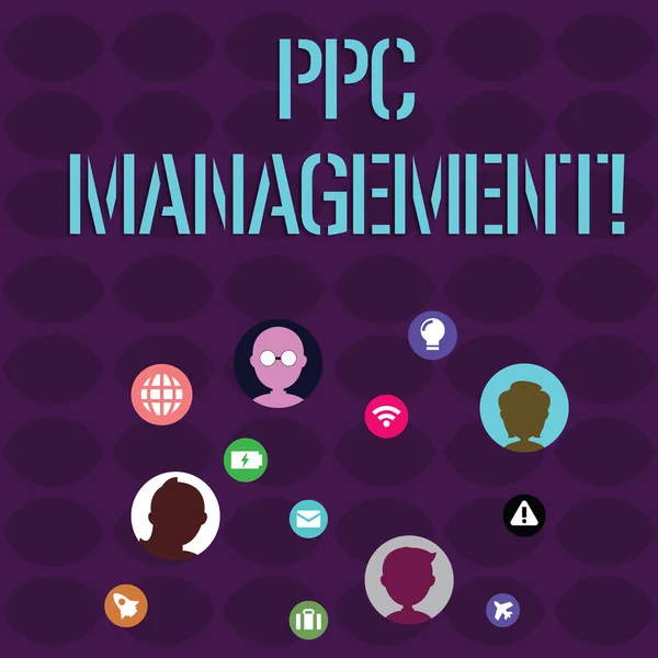 Handwriting text writing Ppc Management. Concept meaning process of overseeing and analysisaging a company s is PPC ad spend Networking Technical Icons with Chat Heads Scattered on Screen for Link Up.