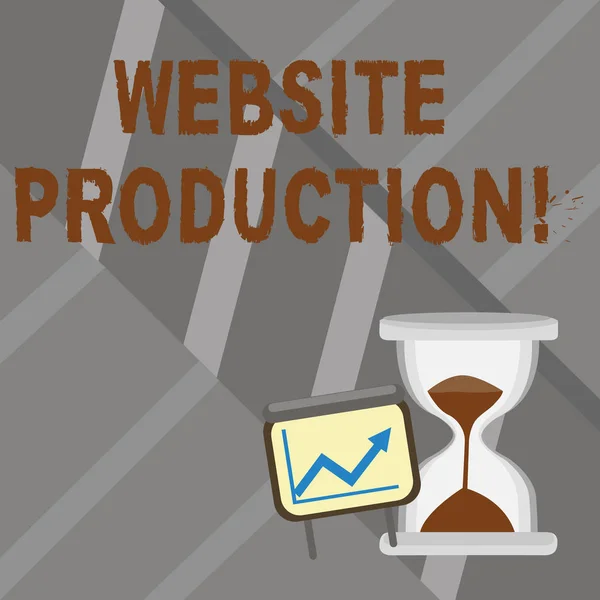 Word writing text Website Production. Business concept for process of creating websites and it s is components Successful Growth Chart with Arrow Going Up and Hourglass with Sand Sliding. — 스톡 사진