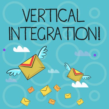 Dikey Tümleştirme gösteren kavramsal el yazısı. İş fotoğraf metin Üretimin farklı aşamalarında şirketlerin Birleşme Renkli Airmail Mektup Zarflar ve Kanatlı İki.