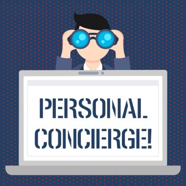El yazısı metin Kişisel Concierge. Man Holding'i düzenleyip Açık Boş Alan Dizüstü Ekranın Ardında Dürbüne Bakan, düzenlemeler yapacak ya da iş yapacak kişi anlamına gelen konsept.