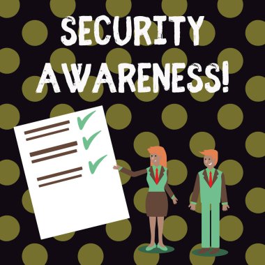 Güvenlik Farkındalığı'nı gösteren metin işareti. İş Kıyafetinde Bilgisayar Güvenliği Erkek ve Kadın Hakkında Çalışanların Çalışma Ve İnceleme Raporu Sunulması Hakkında Kavramsal Fotoğraf.