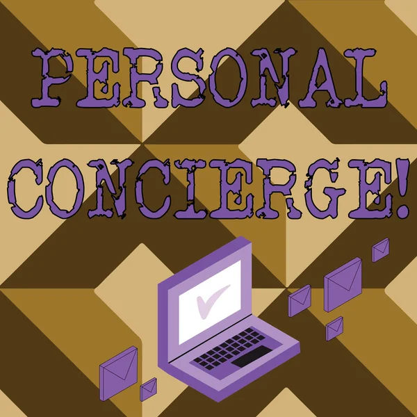 Conceptual hand writing showing Personal Concierge. Business photo text someone who will make arrangements or run errands Mail Envelopes around Laptop with Check Mark icon on Monitor.
