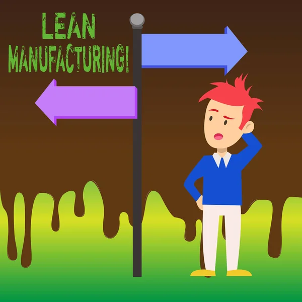 Word writing text Lean Manufacturing. Business concept for focus on minimizing waste within analysisufacturing systems Man Confused with the Road Sign Arrow Pointing to Opposite Side Direction. — 스톡 사진