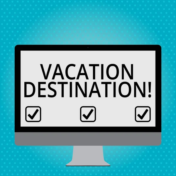 Handwriting text Vacation Destination. Concept meaning a place where showing go for holiday or relaxation Blank White Computer Monitor WideScreen Mounted on a Stand for Technology. — Stockfoto