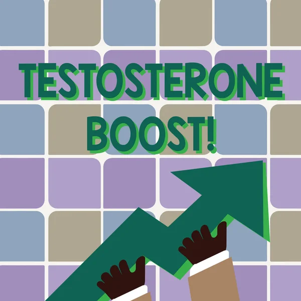 Conceptual hand writing showing Testosterone Boost. Business photo showcasing rise of primary male sex hormone and an anabolic steroid Hand Holding Colorful Huge 3D Arrow Pointing and Going Up.