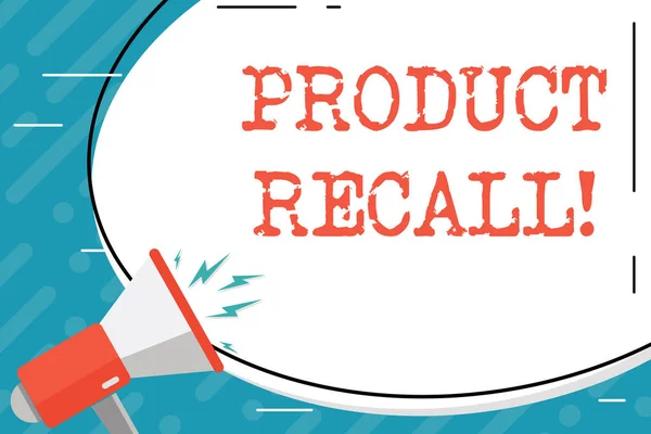 Texto de caligrafia Product Recall. Conceito que significa processo de recuperação de bens potencialmente inseguros dos consumidores Blank White enorme forma oval etiqueta e megafone gritando com ícone de volume . — Fotografia de Stock