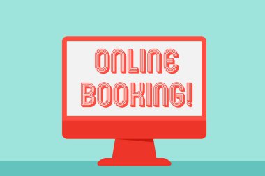 Online Rezervasyon 'u gösteren not yazıyorum. İnternet Masaüstü Bilgisayar Renkli Ekran Freestanding Tablosu aracılığıyla iş seyahatini analiz etmek için kullanılan iş fotoğrafı görüntüleme aracı.