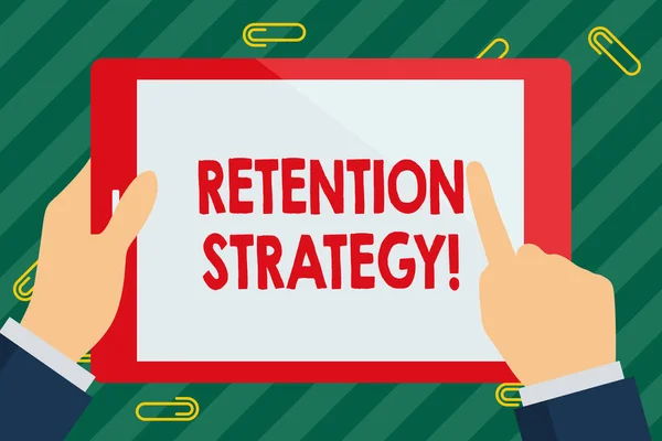 Word writing text Retention Strategy. Business concept for activities to reduce employee turnover and attrition Businessman Hand Holding, Pointing and Touching Colorful Tablet Blank Screen.
