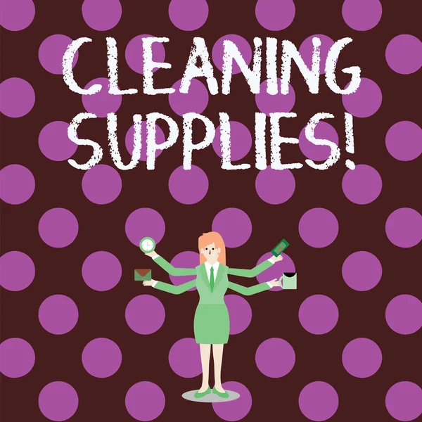 Word writing text Cleaning Supplies. Business concept for substances usually liquids used to remove dirt and dust Businesswoman with Four Arms Extending Sideways Holding Workers Needed Item.