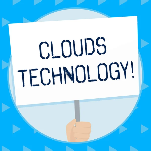 Word writing text Clouds Technology. Business concept for resources aretrieved from the internet through webbased Hand Holding Blank White Placard Supported by Handle for Social Awareness.